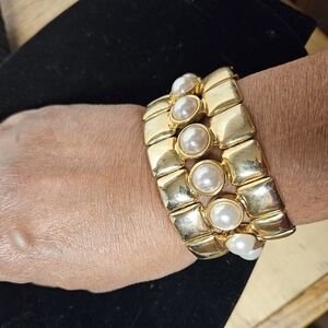 Gold-tone and Faux Pearl Stretch Bracelet